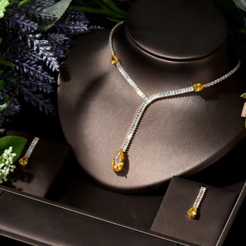 HIBRIDE Water Drop 2pcs Long Tassel Necklace Earring Set CZ Women Bridal Wedding Jewelry Sets Nigeria Accessories bijoux N-382