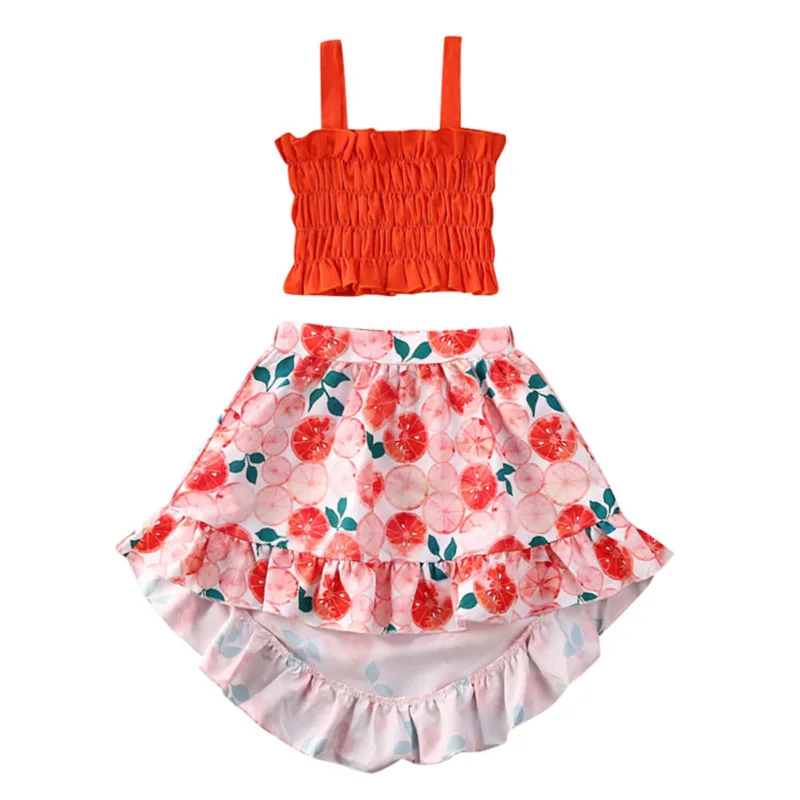 Summer Sweet Girls Tops Dress 2020 High StreetElastic Crop Strap Vest Boho Floral Orange Skirt 2Pcs Outfits | Детская одежда и