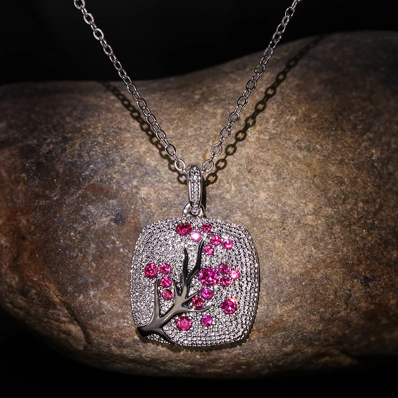 Fine Jewelry red zircon Leaves branch Pendant For Women Sparkling Pink Cherry Tree CZ Delicate Fashion | Украшения и аксессуары