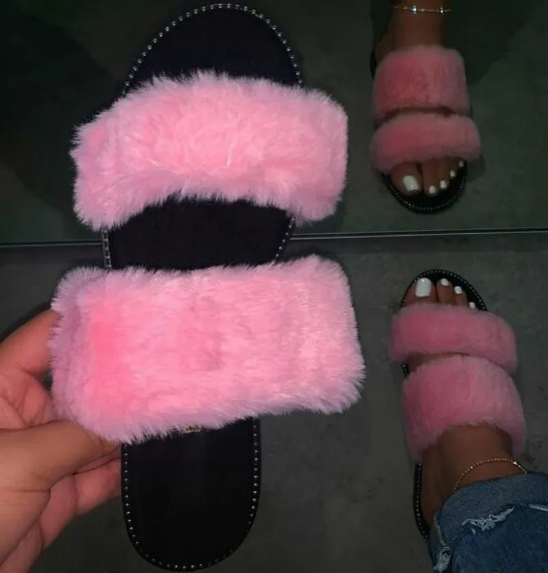 

Pink Durable Sandals Outdoor Wild Fashion Beach Flat Flip Flop Fox Fur Spring Summer New 2020 Leopard Women Home Furry Slippers