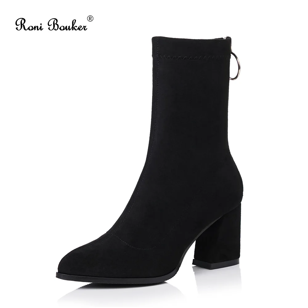Roni Bouker/ботильоны из флока; Женская обувь в римском стиле на высоком квадратном каблуке; ботинки на молнии; модная женская обувь для вечеринок с острым носком; Цвет Черный - Цвет: Black without plush