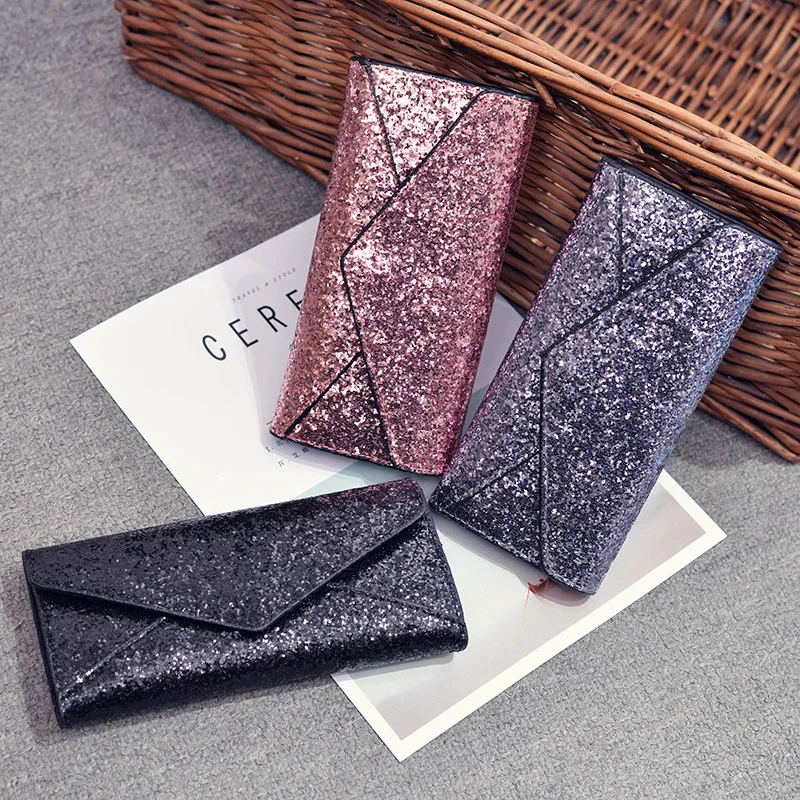 

2017 New Style Women's Simple Sequin Clasp Wallet Women's Long Hipster Picture Purse Money Clip