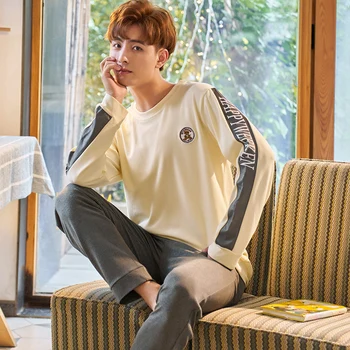 

Cotton men's striped printed pajamas 2 suits O-neck long-sleeved winter pajamas can be worn outside casual L-3XL home service