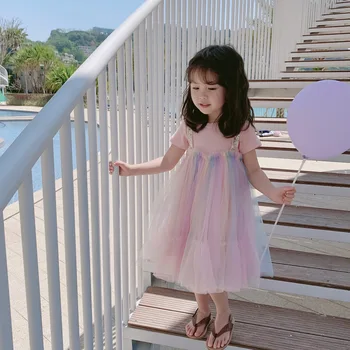 

Summer New Arrival Korean style knnited matching rainbow grenadine short sleeve princess sweet dress for cute baby girls