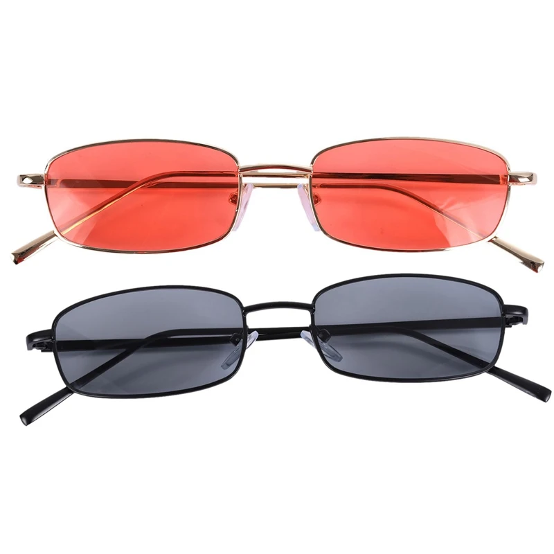 2 Piece Vintage Sunglasses Women Men Rectangle Glasses Small Retro Shades Sunglasses Women S8004 Gold Frame Orange& Black Frame