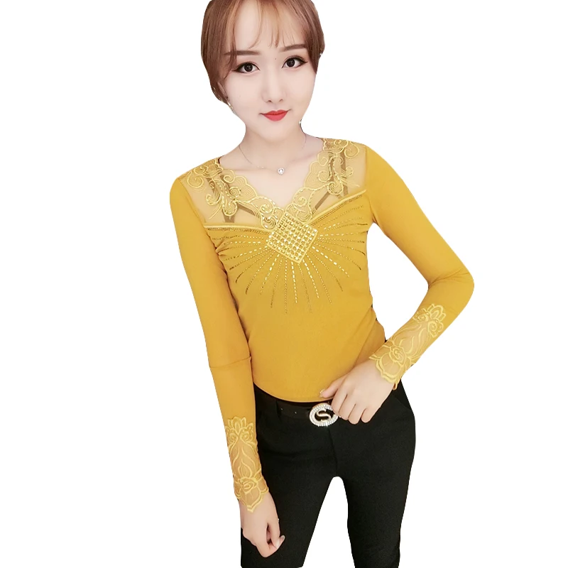 Yellow tshirt Лоскутная кружевная модная футболка с бисером новая осенне-зимняя женская Сетчатая футболка с длинным рукавом, одежда Camiseta Mujer T98901 - Цвет: Yellow tshirt