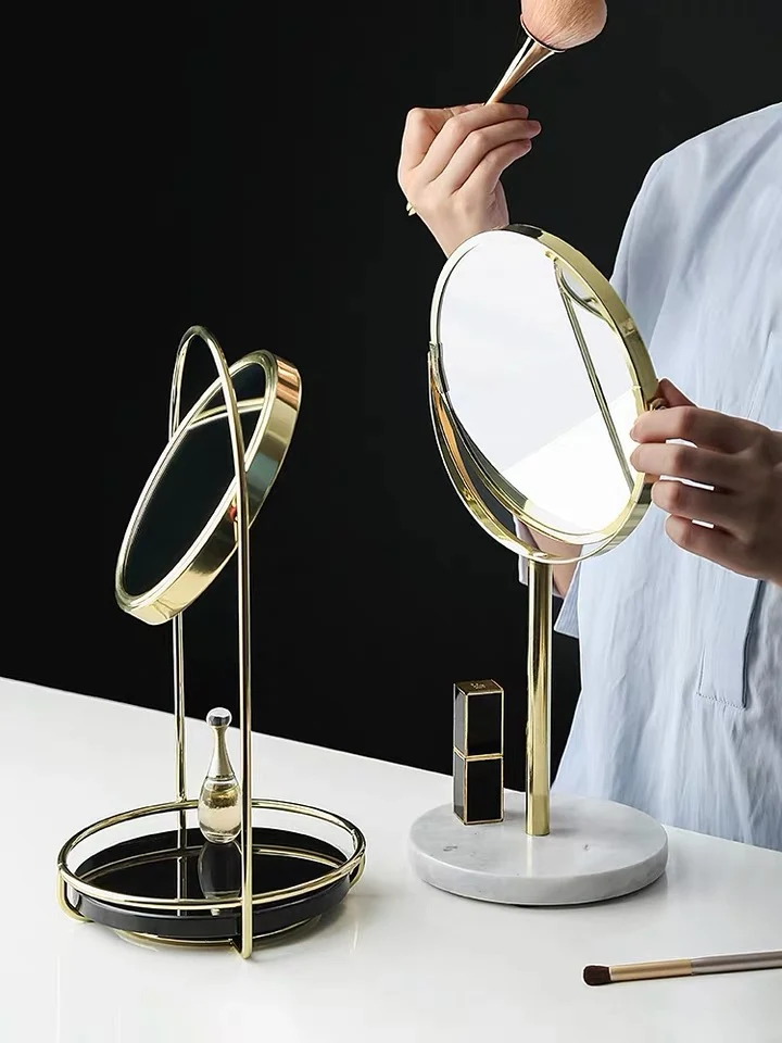 

Nordic Desktop Vanity Mirror Double Sided Round High Feet Makeup Mirror Cosmetic Skincare Ornaments Storage Tray