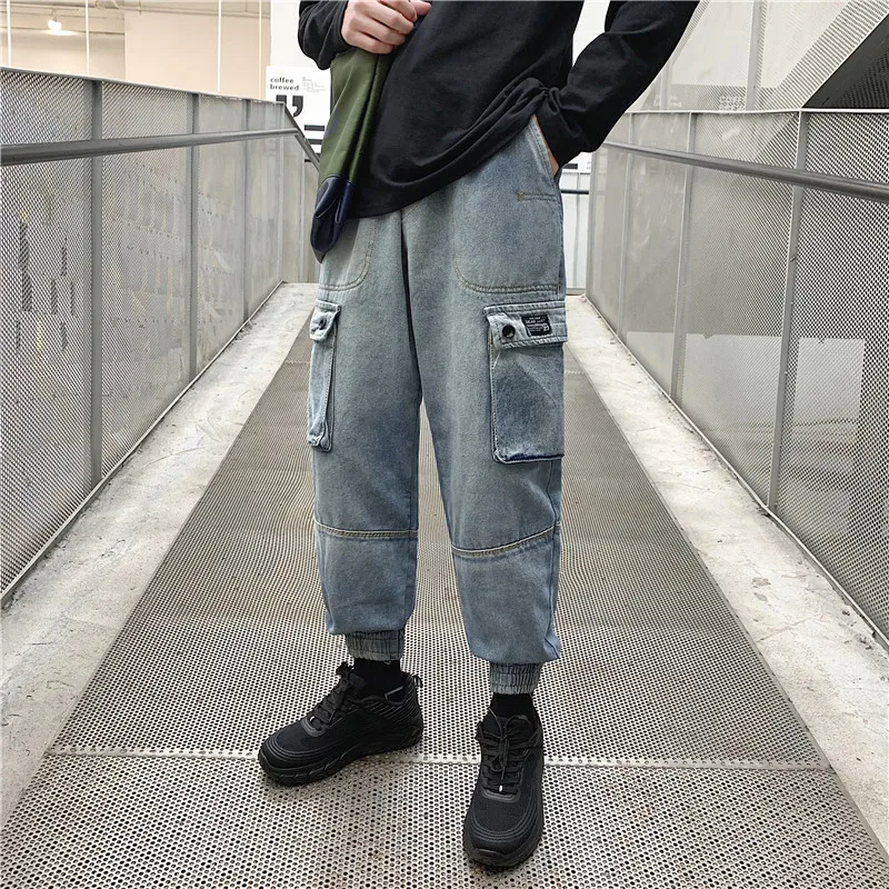 Мужские потертые свободные Стрейчевые облегающие повседневные штаны Homme Cargo Pocket джинсы байкерские джинсовые штаны высокого качества размера плюс M-2XL - Цвет: blue