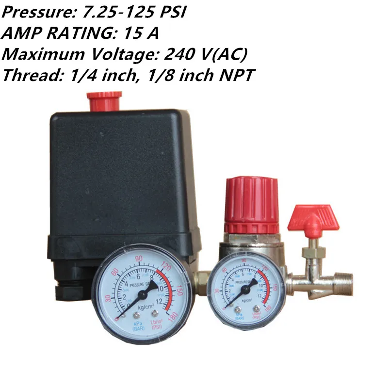 

125 PSI Small Air Compressor Pressure Switch Control 15A 240V/AC Adjustable Air Regulator Valve Compressor Four Holes