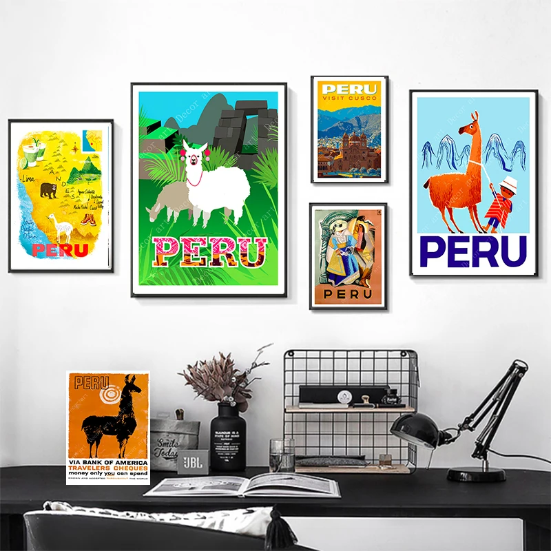 

Alpaca South America Peru Map Vintage Retro Travel Classic Canvas Paintings Kraft Posters Wall Stickers Home Decor Family Gift