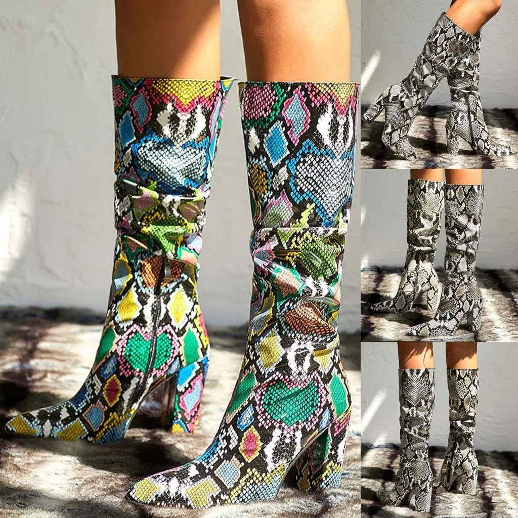 Zapatos de mujer; женская обувь; Новинка; модные ботинки; красочная змея; женские ботинки на Высоком толстом каблуке; обувь с острым носком на молнии; ботинки со шнуровкой