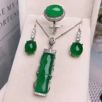 

Natural ice jade inlaid with 925 silver jewelry three piece suit