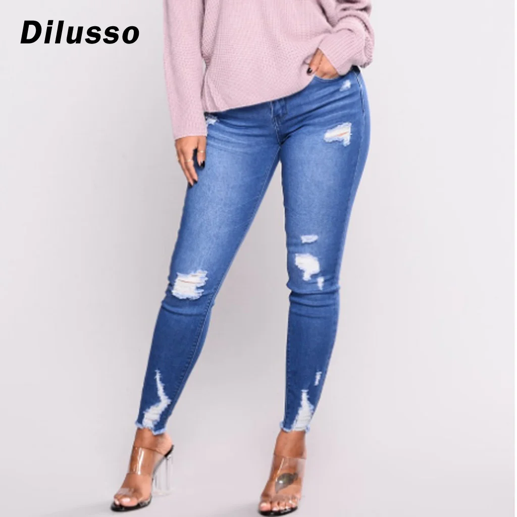 Pantalones vaqueros de cintura alta para mujer, Jeans rasgados con agujeros, color azul, informales, # D3, 2020