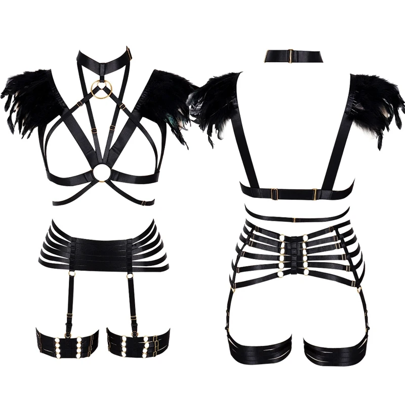

Feather Epaulettes Goth Steampunk Shoulder Wings Festival Wedding Halloween Strap Adjust Full Body Harness Set Sexy Lingerie