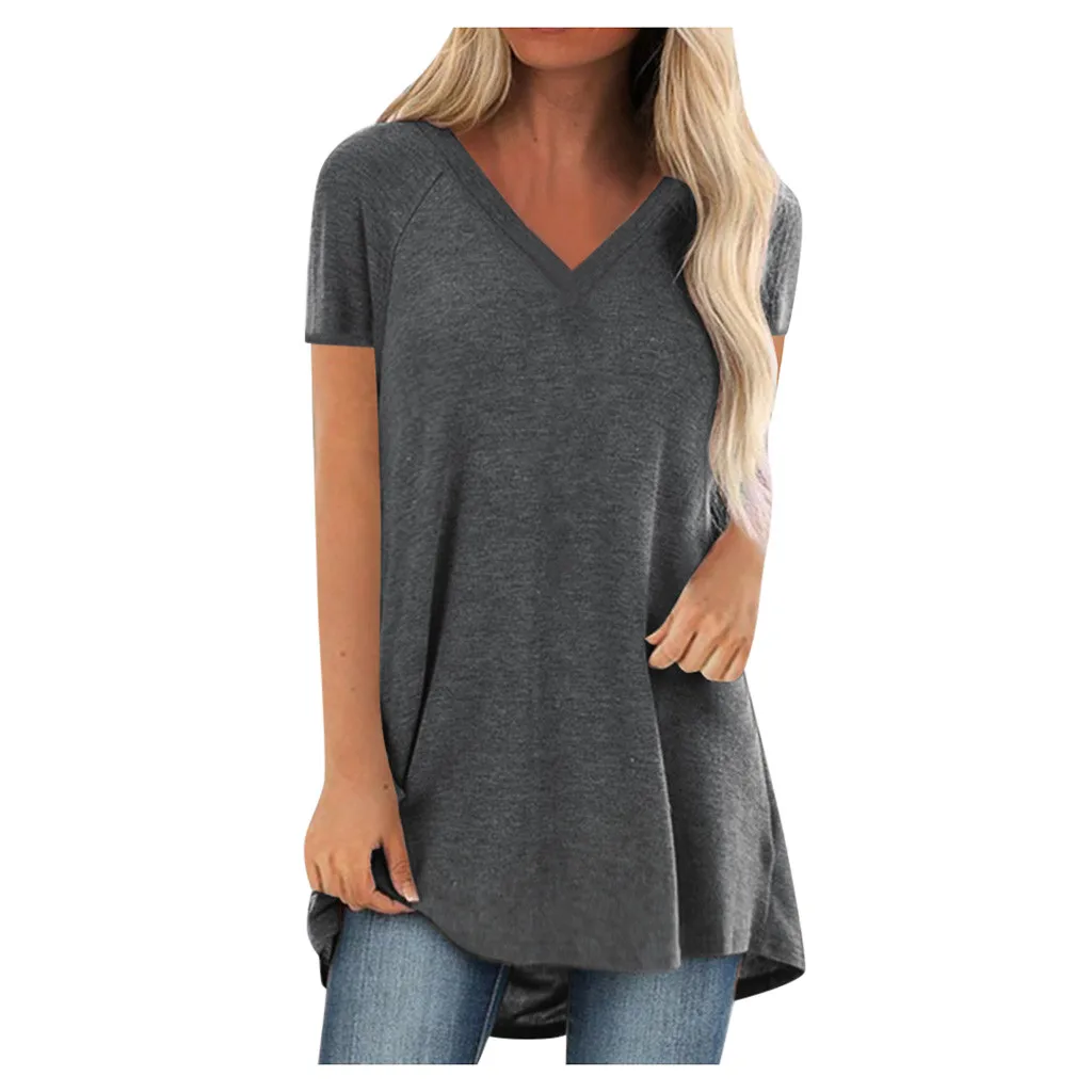 Women Solid T-Shirt Summer Plus Size Long Tee Shirt Top Women V Neck Short Sleeve Long Casual Women Loose T-Shirt Femme