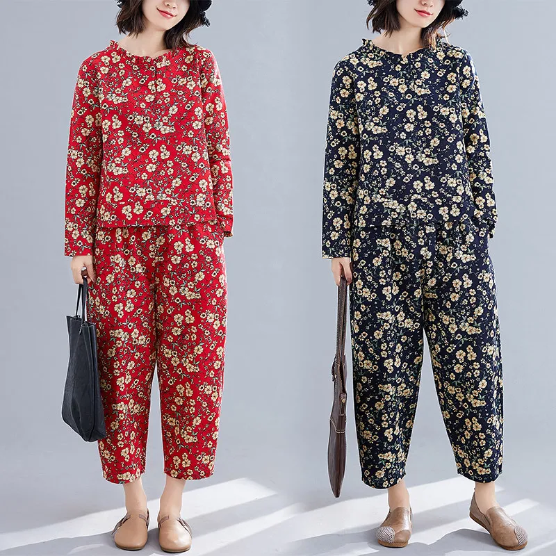 

2019 Autumn National Wind Cotton Linen Retro Loose-Fit Long-sleeved Upper Garment Collocation Harem Pants WOMEN'S Suit