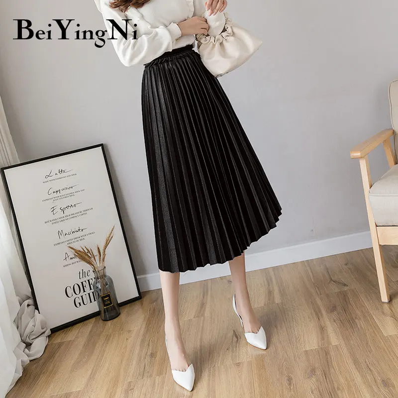 Beiyingni Autumn Winter Gold Velvet Midi Skirt for Woman High Waist Vintage Casual Pleated Skirts Womens Solid 7Colors Warm Saia - Цвет: Черный