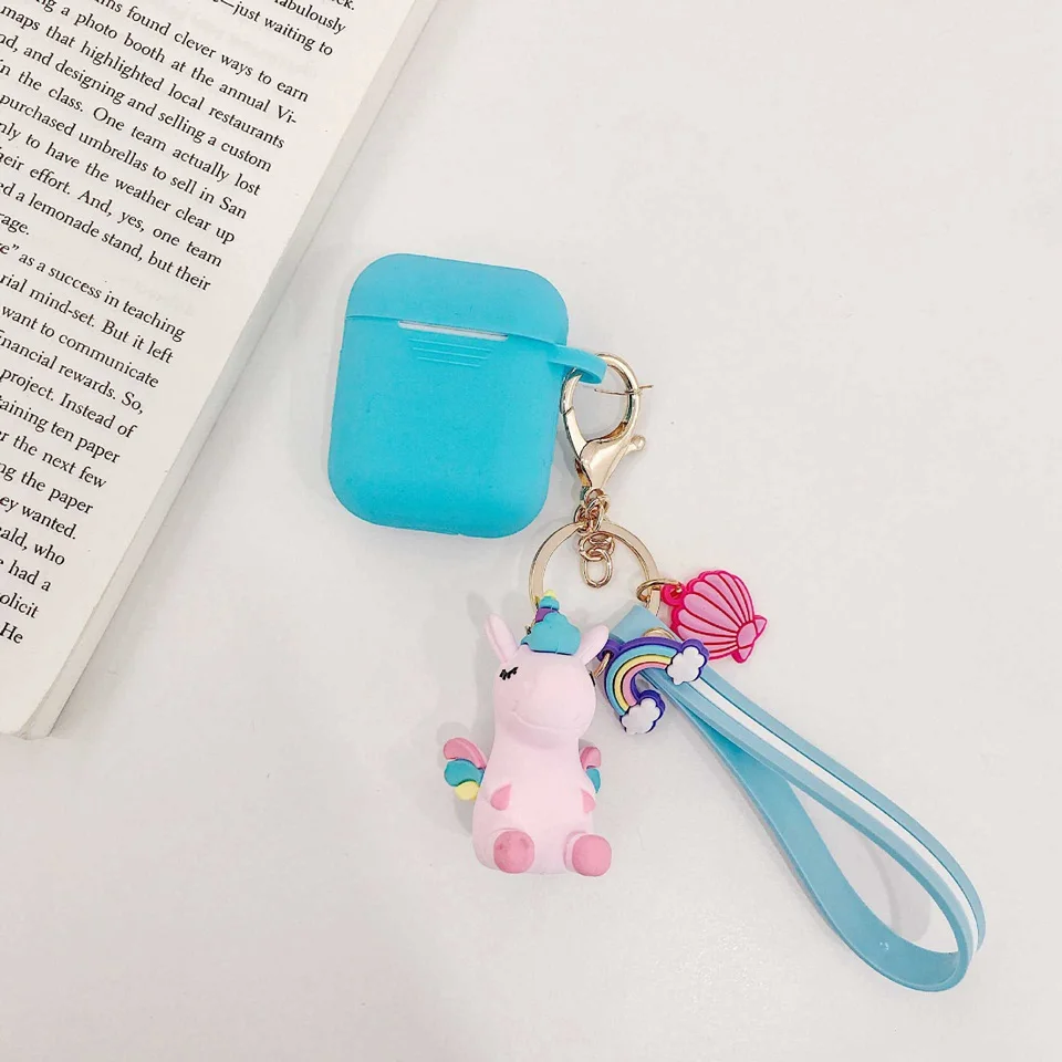 Небесно-голубой Для AirPods чехол мультфильм с брелком аксессуары «Единорог» силиконовый чехол Модный милый для Air pods 2 беспроводной чехол для наушников - Цвет: Небесно-голубой