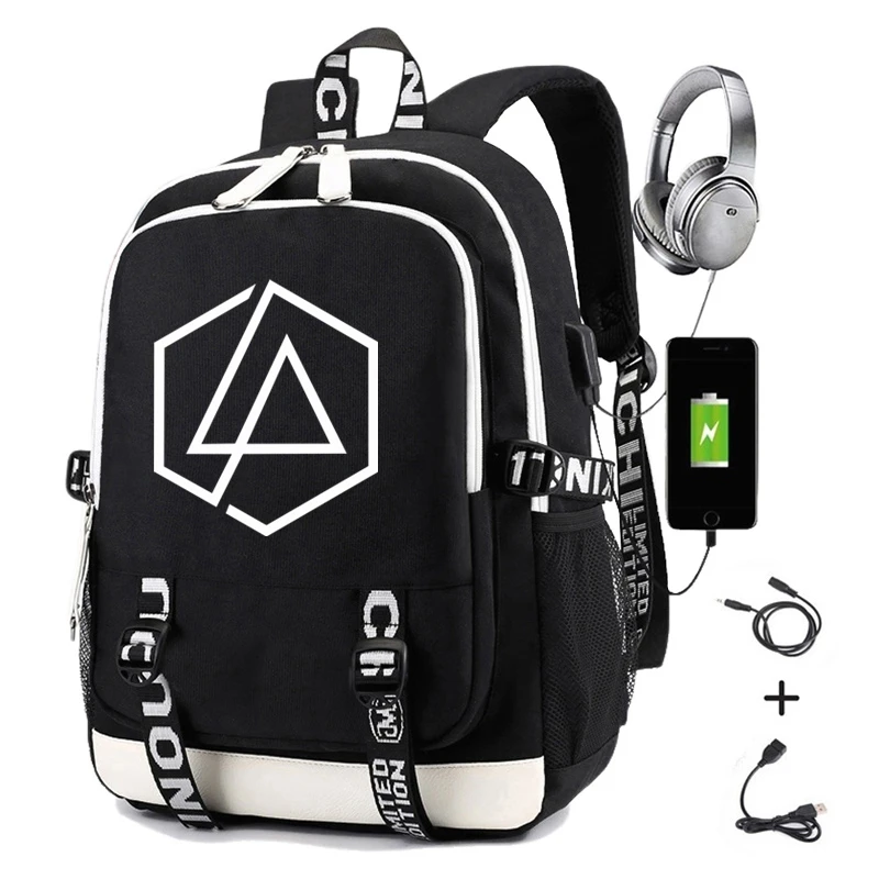 Рюкзак Linkin Park с логотипом для мужчин, подростков, мальчиков и девочек, школьные сумки для студентов, женский рюкзак с Usb зарядкой для ноутбука, сумка с принтом - Цвет: Black 03