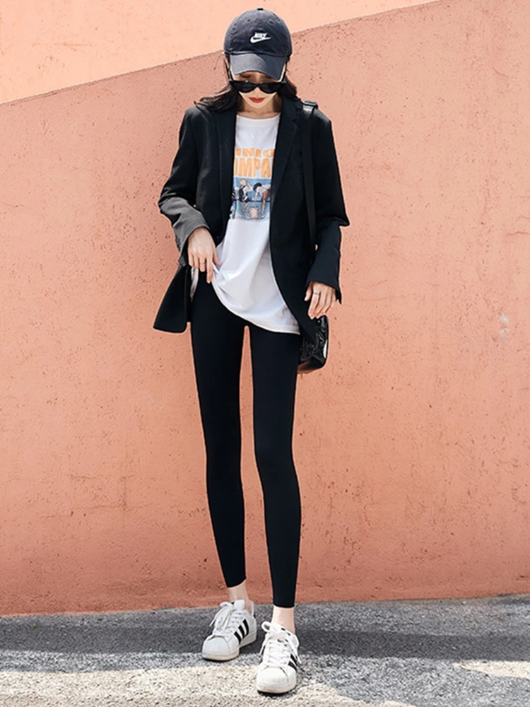 

HIgh Waisted Leggings For Women Black Shark Skin Fabric Fitness Sportswear Bottoms Stretch Slim Fit GYM Leggins Mujer Korean New