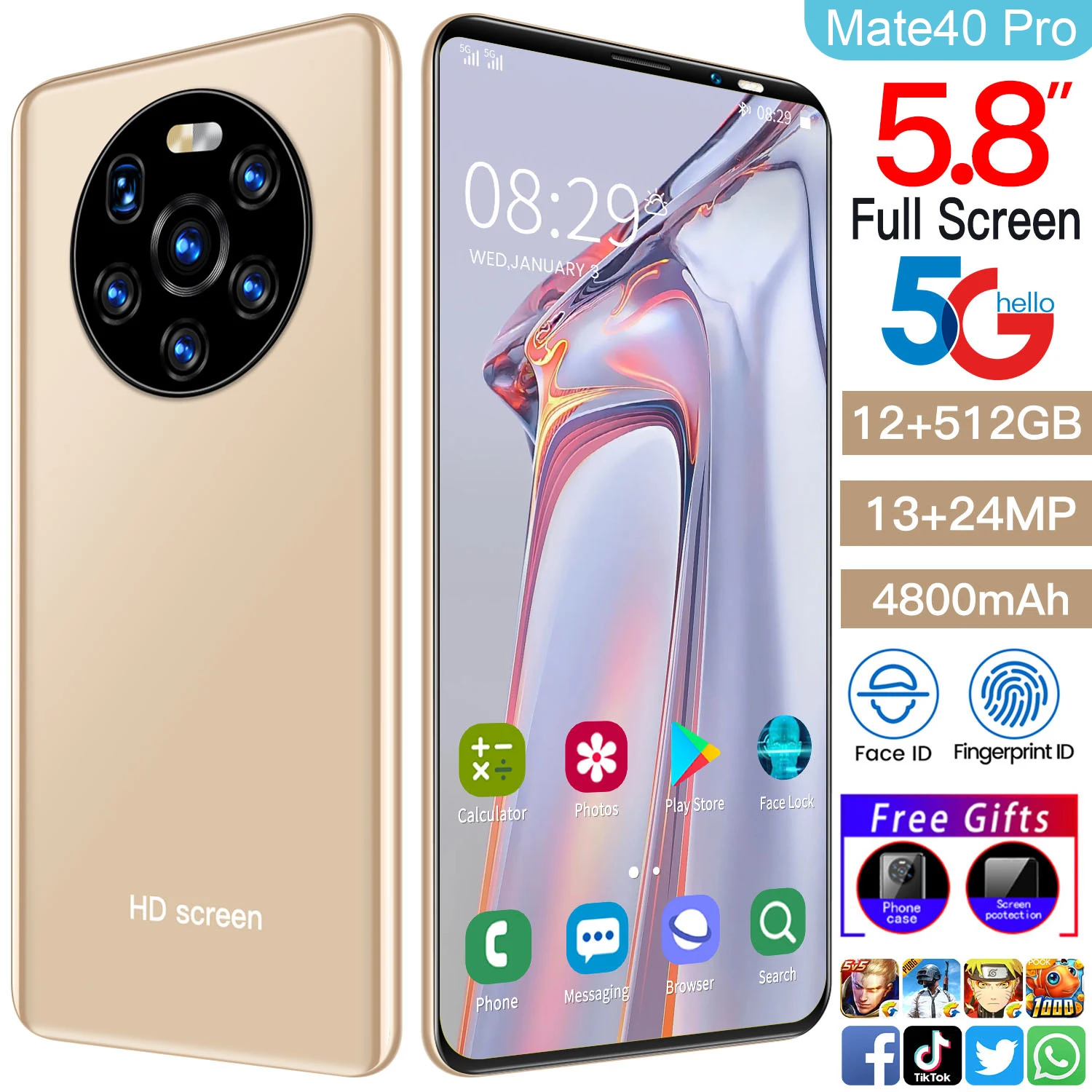 Mate40pro 5.8 Inch Face ID 10 Core Dual SIM Smart Phone MTK6889 4+64GB 4+128GB Fingerprint ID Andriod Phone 4800mAh Cellphones
