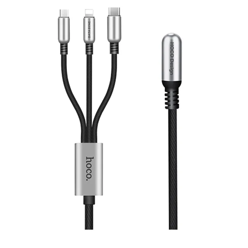 black HOCO U17, 10 шт./лот,, три в одном, 1,5 м, USB кабель для iPhone, кабель типа C, микрокабель для samsung, USB C, провод зарядного устройства - Цвет: black