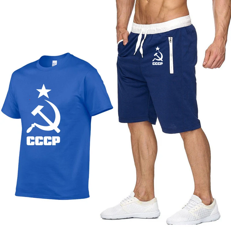Летние модные футболки для мужчин CCCP, русские, советское соединение, мужские, с коротким рукавом, в Москву, Россию, повседневные футболки мужские, хлопок+ шорты, костюм - Цвет: 810
