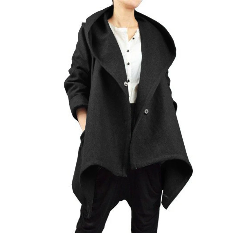 Женские ассиметричные Свободные толстовки повседневные однотонные пальто ZANZEA зимние пальто размера плюс длинные куртки верхняя одежда - Цвет: Черный