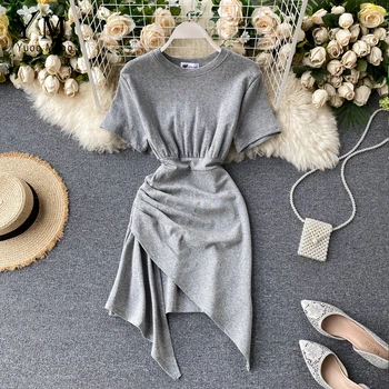 

YuooMuoo Ins Fashion Irregular Mini Ruched Dress Summer High Waist Slim Short T Shirt Dress Women Sexy Bodycon Dress Vestidos