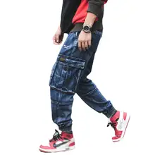 Idopy мужские джинсы-карго, свободный крой, уличный стиль, несколько карманов, с манжетами на лодыжке, на шнурке, эластичная талия, джинсовые штаны, брюки