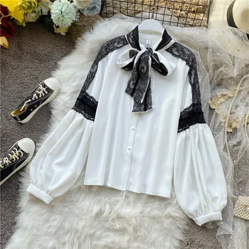 

Lantern Sleeve Blouse Woman White Shirt Long Sleeve Bow Collar Shirts Ladies Loose-Fit Chiffon Top Blusas Mujer De Moda 2020