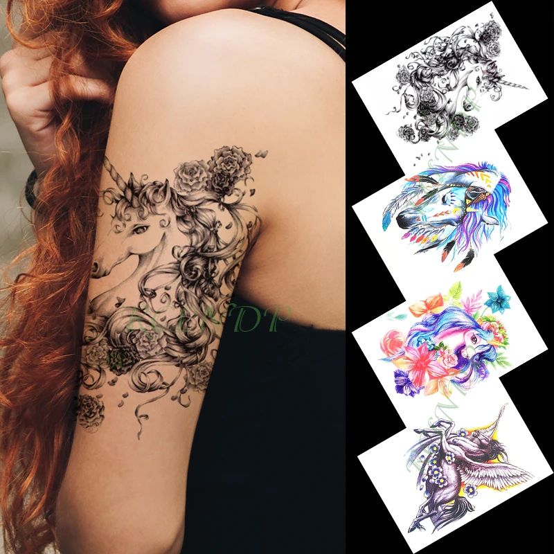 Waterproof Temporary Tattoo Sticker pegasus unicorn myth animal tatto flash tatoo fake tattoos for kids men women | Красота и