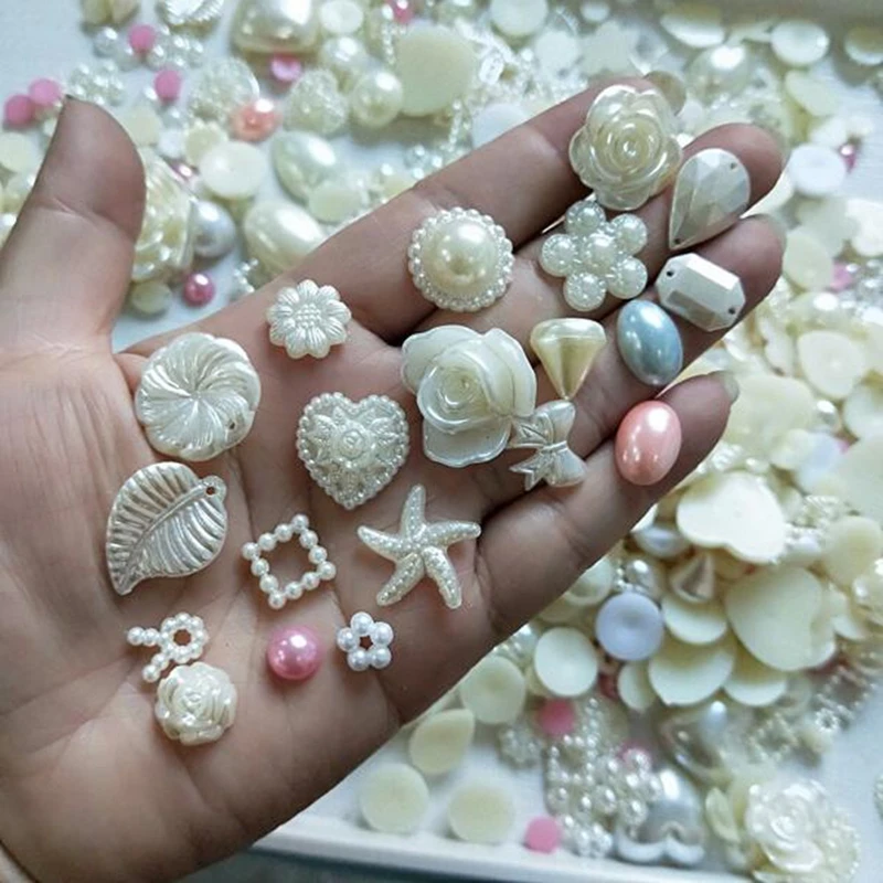 

200pcs Random Mix Flatback Half Round Rose Flower Sea Star Heart Bow Leaf Pearls Bead ABS Loose Beads Wholesale
