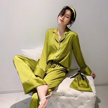 

Solid Pajama Sets For Women Long Sleeve Faux Silk Sleepwear Pajama Suit Female Spring Autumn Nightwear Comfort Casual Homewear
