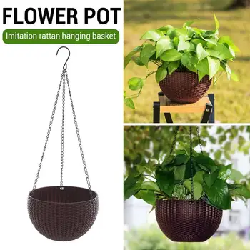 

Imitation Rattan Weaving PP Hydroponic Plants Chain Hanging Planters Convenient Flower Pot Basket Plant Grow Basin Creative