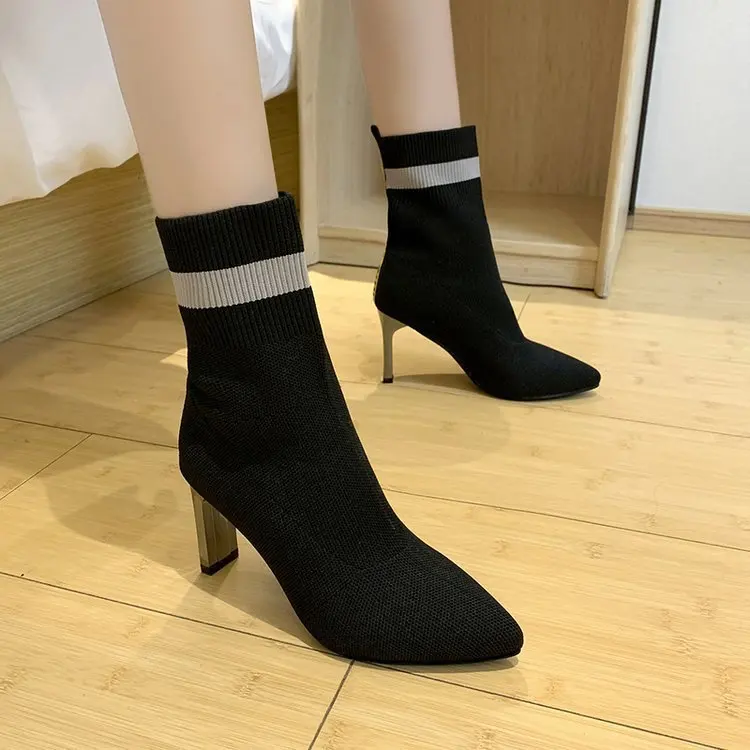 

2019 Winter New Style Thin Boots Women's Chunky Heel Pointed Tube Knitted Yarn High-Heel Socks Boots Sexy Elasticity Boots