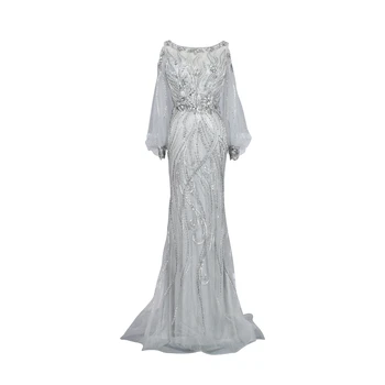 

New Arrival Luxury Evening Dresses Long Sleeves Heavy Beaded Navy Evening Gown Trumpet Formal Long Party Gown Long Dresses