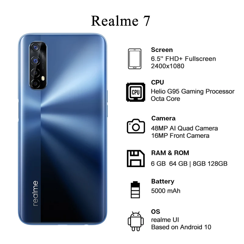 Realme 7 Smart Phone 8GB 128GB 5000mAh 30W 4G Mobile NFC 48MP Quad Fotocamera Dello Fast Charging الهاتف الخلوي Teléfono móvil