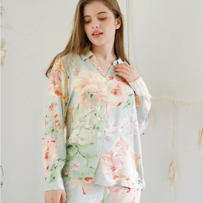 floral print New women pajamas Turn-down collar satin pajamas set long sleeve and pants floral print casual home sleep female Home Clothes - Цвет: floral print