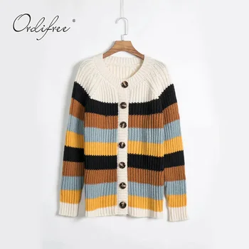 

Ordifree 2019 Autumn Winter Women Striped Knitted Cardigan Single Breasted Knitwear Rainbow Jumper Sweater Cardigan Pull Femme