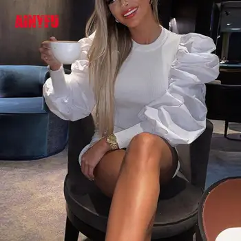 

Ainyfu Autumn Chicology Ribbed Long Lantern Sleeve T-shirt Lady Solid Streetwear Crop Top Women Sexy Party O-neck Clothes C160