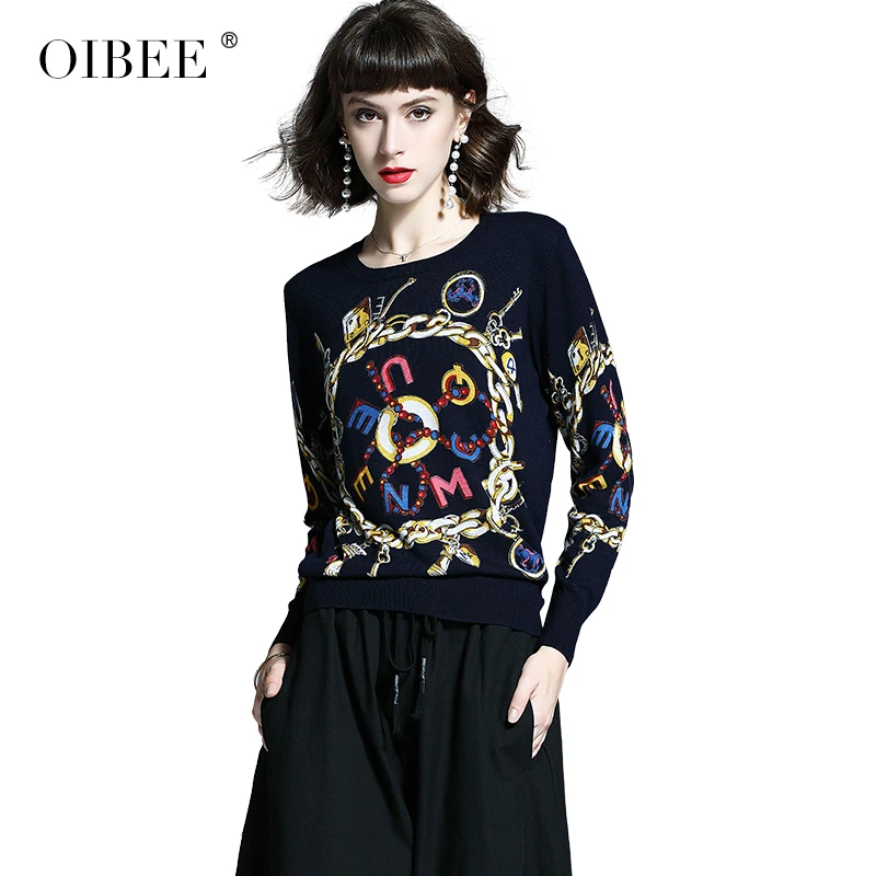 OIBEE2019 осень принт с капюшоном внизу Дамский круглый вырез свитер женский свободный тонкий осенне-зимний свитер