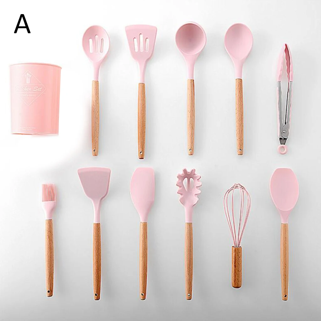 Pink 12Pcs 9/10/12 Pcs Silicone Cooking Tools Kitchen Utensils Set Bamboo Handles Cooking Tool None Toxic Kitchen Gadgets Nonstick Cookware - Цвет: Pink 12Pcs
