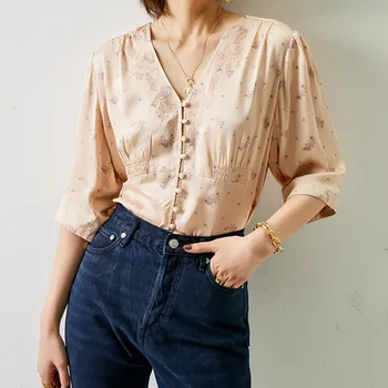 

Women Shirt Vintage Style Embroidered Silk Satin Pink Floral V-neck Shirt