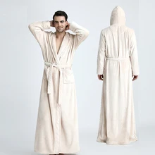 Мужской удлиненный термо-Халат с капюшоном размера плюс, зимний фланелевый утолщенный теплый банный халат кимоно, мужской халат, мужские халаты s