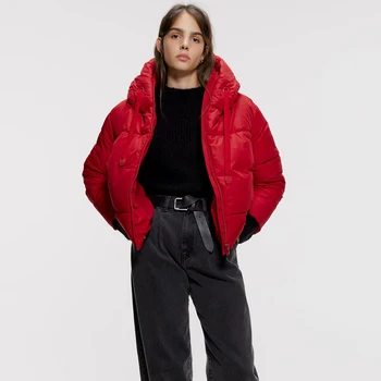 

ZA Adjustable Hooded Cotton Jacket Autumn and Winter Ladies Stand-collar Long-sleeved Short Four-color Warm Cotton Clothing