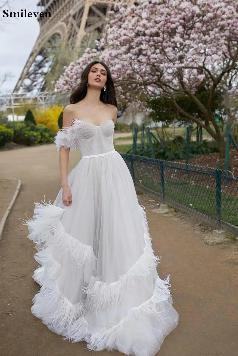 Смайлик А-силуэта свадебное платье элегантное перо Бохо платья невесты vestido de casamento турецкие свадебные платья