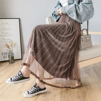 

Women Patchwork Mesh Gold Velvet Skirts Two Layered 2019 Autumn Winter Female Maxi Pleated Skirt Double-sided Wear Lace Skirt