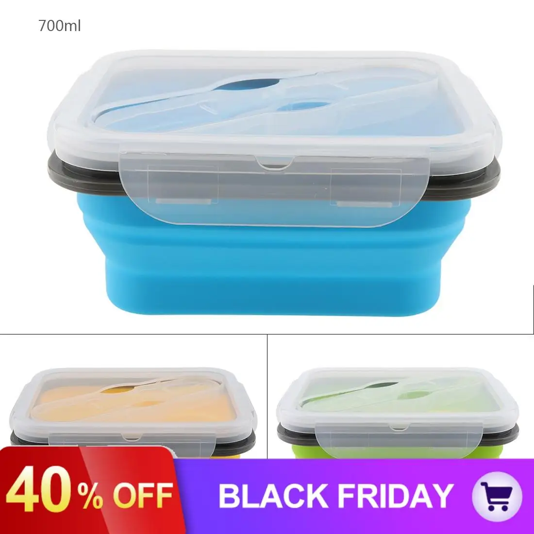 700ML Portable Rectangle Lunchbox Silicone Folding Lunch Bento Box with Thickening Buckle and Spoon Fork Dual Purpose Tableware