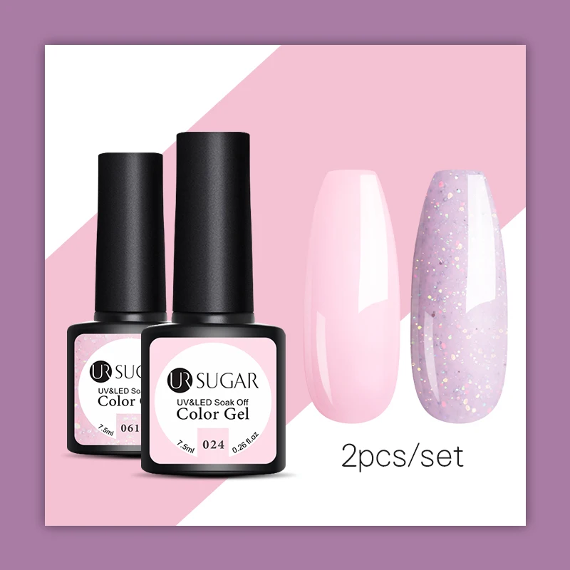 

UR SUGAR 2Pcs/Lot Glitter UV Nail Gel Polish Set Semi Permanent Vernish Top Coat UV LED Gel Varnish Soak Off Pink Color Series